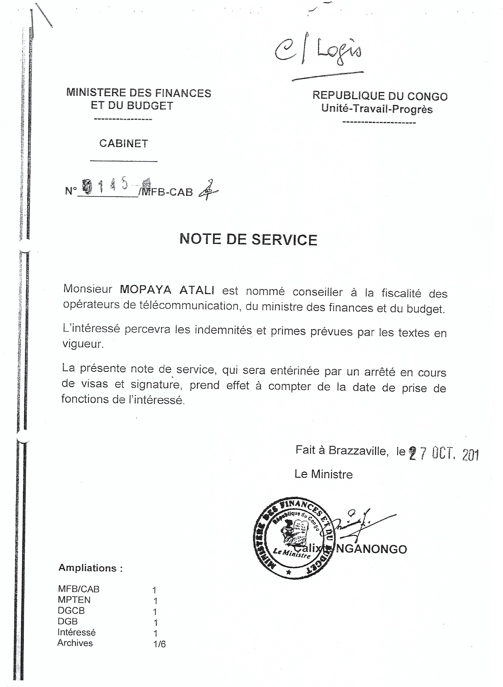 Note de Service N°0145/MFB/CAB | Ministry of Finance and ...