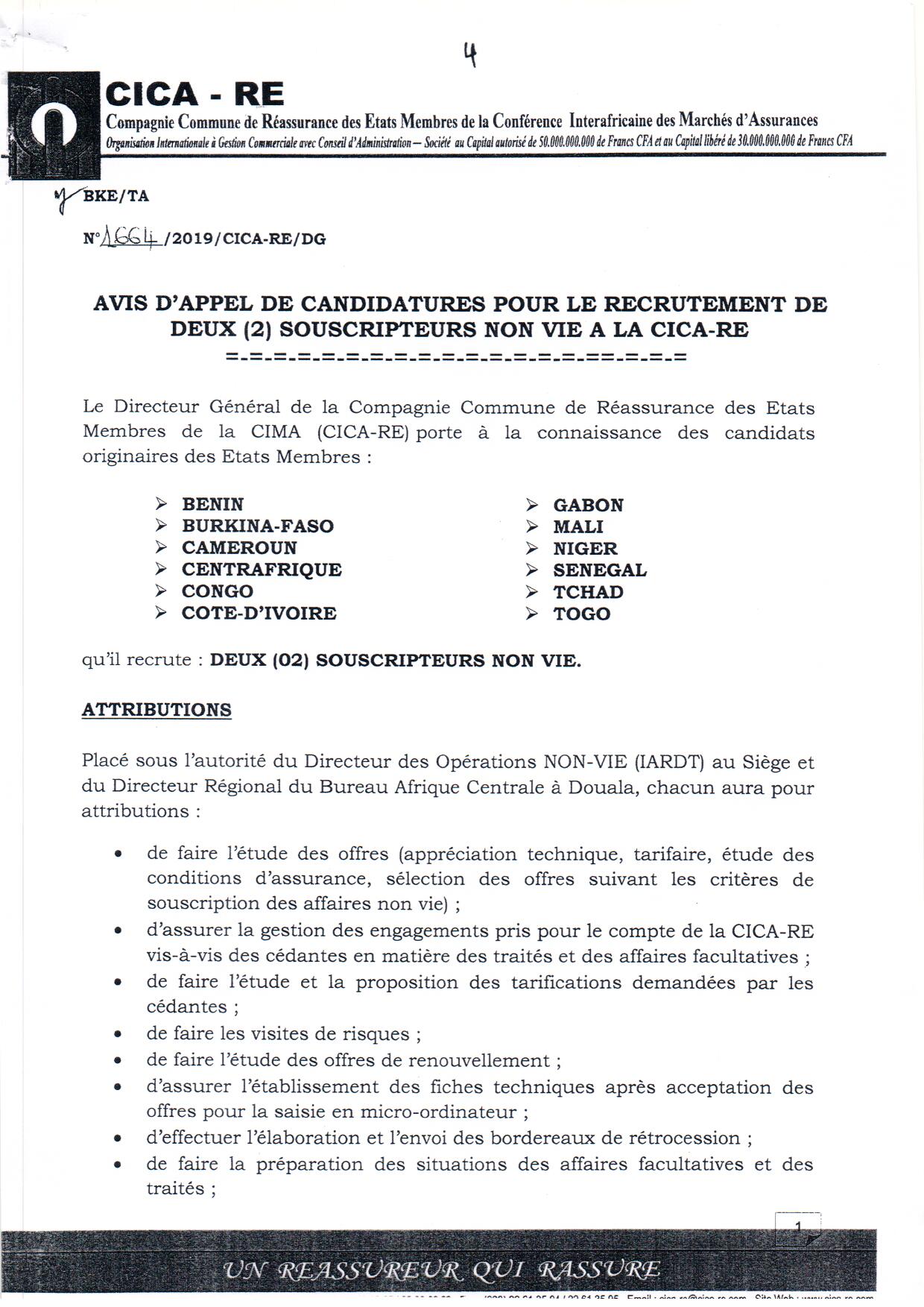 Avis D Appel A Candidatures Pour Le Recrutement De Deux 2 Souscripteurs Non Vie A La Cica Re A Lome Togo Et A Douala Cameroun Ministere Des Finances Et Du Budget